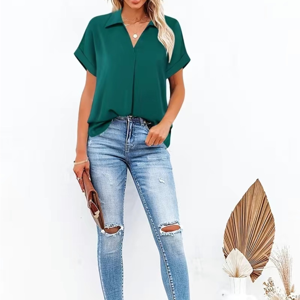 Green Solid V-Neck Casual Blouse – Size 4 Temu - Short Sleeve - Brand New - Picture 5 of 5